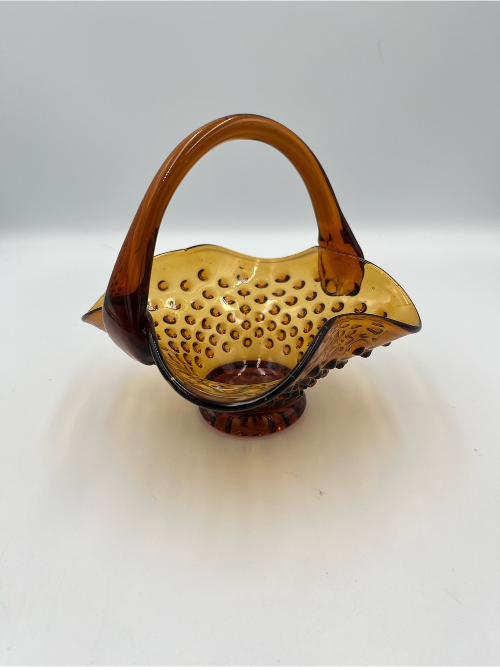 Vintage Fenton Hobnail Amber Glass Basket Candy Dish MCM